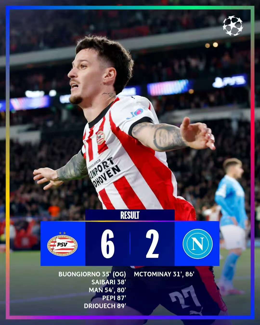 PSV Eindhoven doma rozdrtil Neapol 6:2.